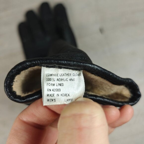 Mens Large Black Cowhide Leather Gloves Acrylic Knit Lined Winter Wear Made In K - Picture 3 of 3